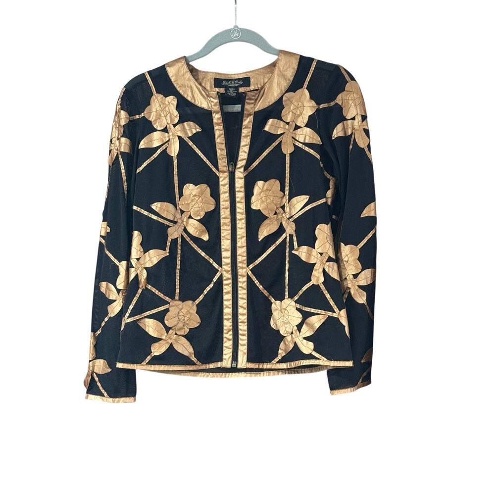 Peck & Peck
Woman Small Floral Textured Sheer Black Bronze Blouse Zip Jacket